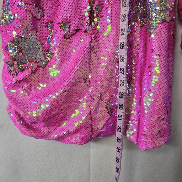 BOOHOO Us Sz 6 NWT Pink Sequin Drape Minidress Lined L/s Zip Up - Picture 3 of 11